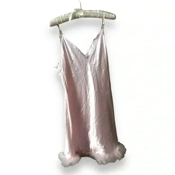NWOT INBLOOM Hope Marabou-Trim Satin Chemise in pale pink XL - Picture 3 of 9
